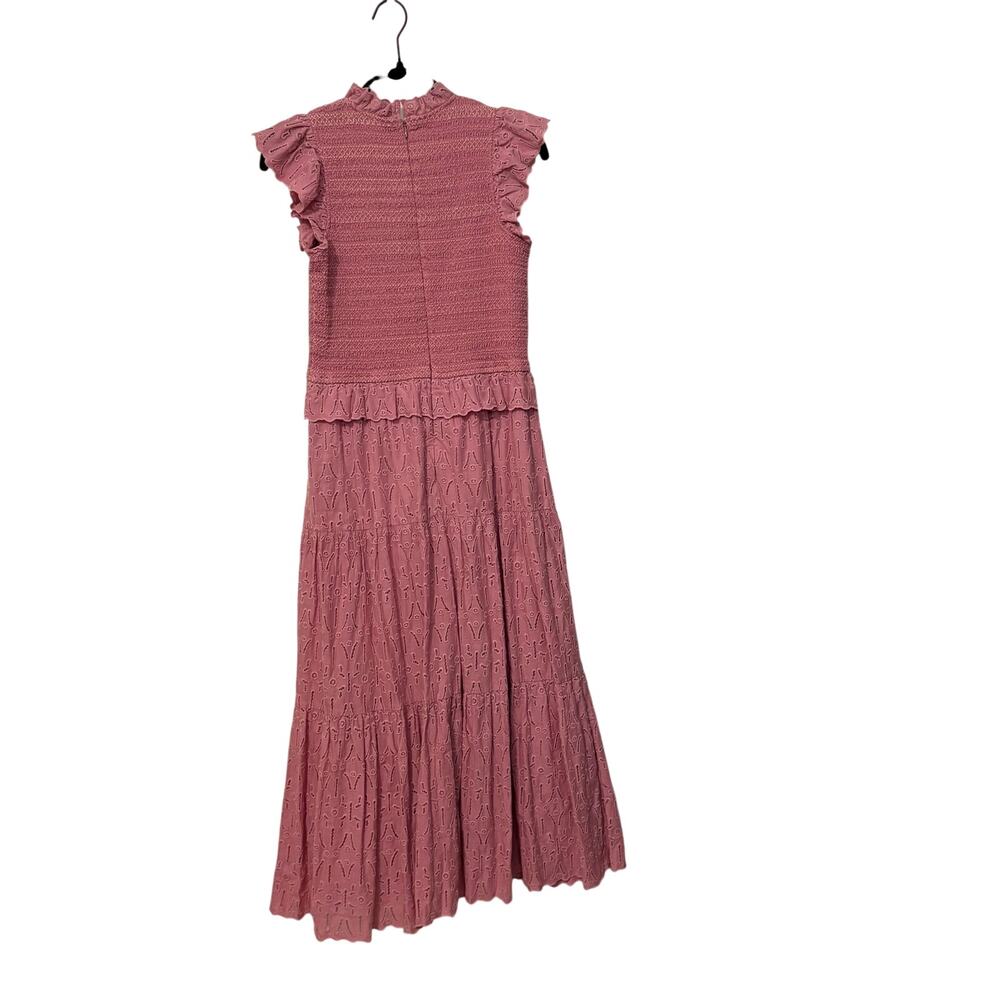Sea New York 100% Cotton Pink Ingrid Smocked Ruffle Eyelet Midi Dress Size 2 - Picture 5 of 7